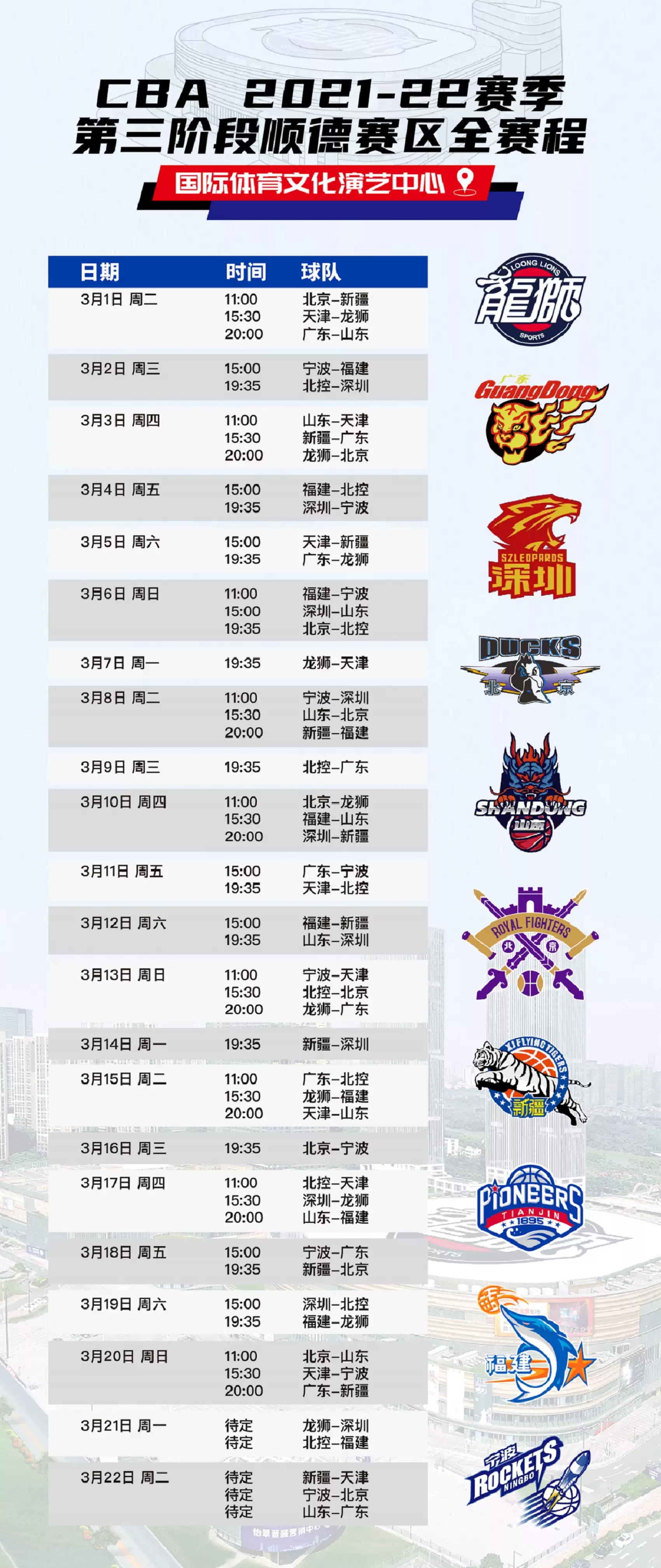 2022CBA常规赛第三阶段佛山站顺德赛区时间安排+门票价格