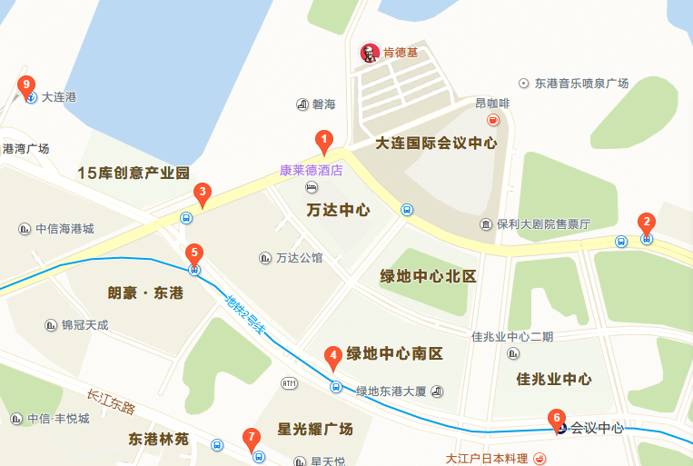 大连火车站,2.民主广场站,3.职工街站,4.港湾桥站,5.码头站,6.